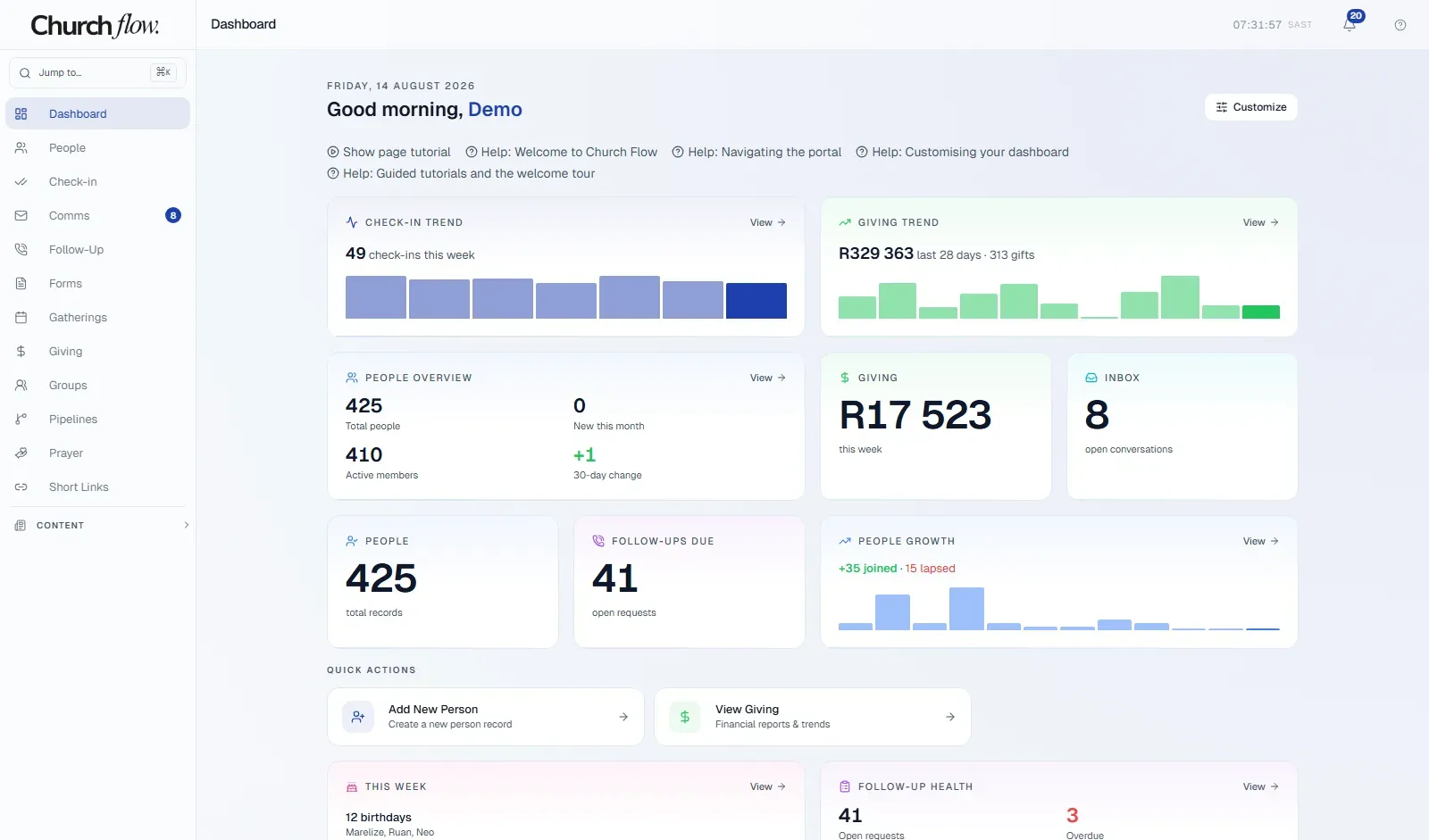 Church Flow dashboard showing attendance, giving, people and follow-up summaries