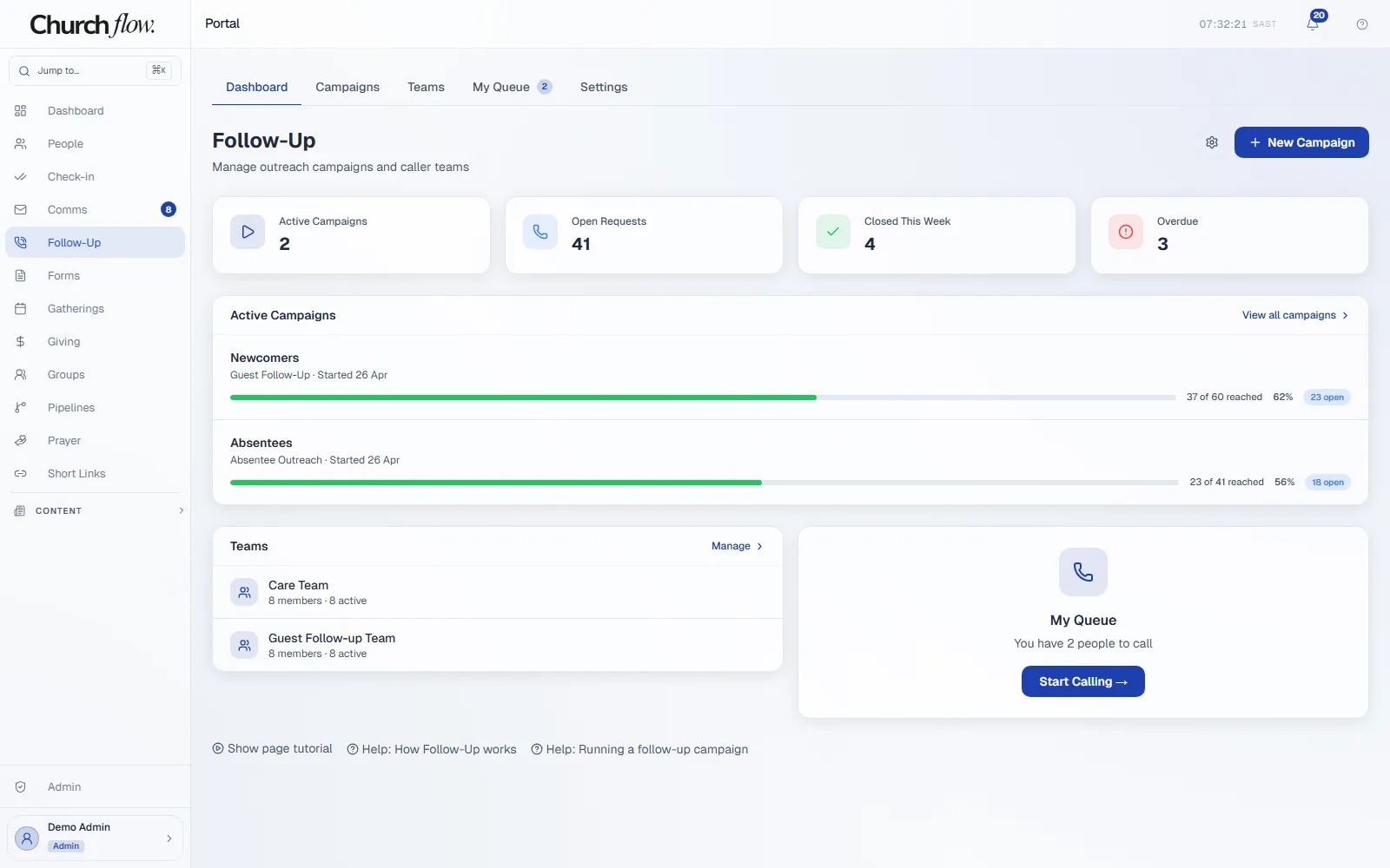 Follow-up workspace with campaigns, caller teams and a calling queue