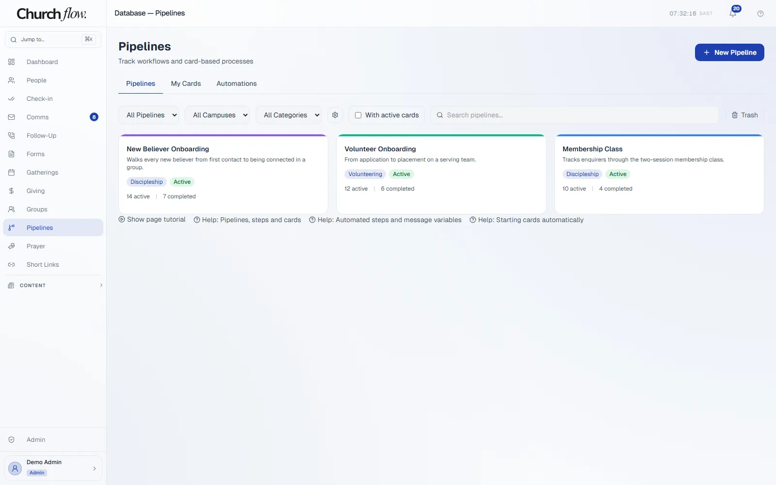 Pipelines overview showing onboarding workflows in Church Flow